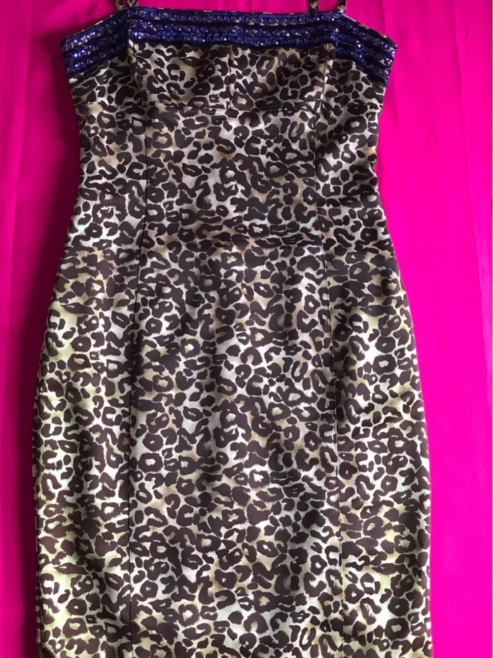 “Karen Millen” 
-Silk Leopard print Dress w/ purple beads
 Size: 12 but fit M